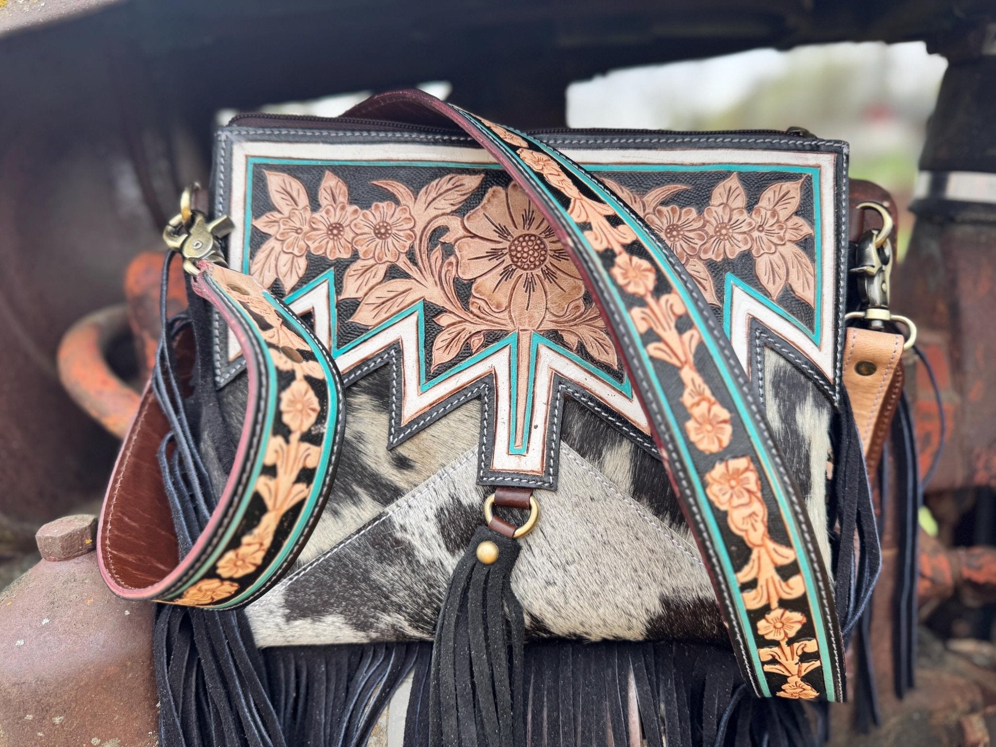 Genuine Western Black Cowhide Leather Fringe Purse and Wallet Set - Rooted & Reckless Co.