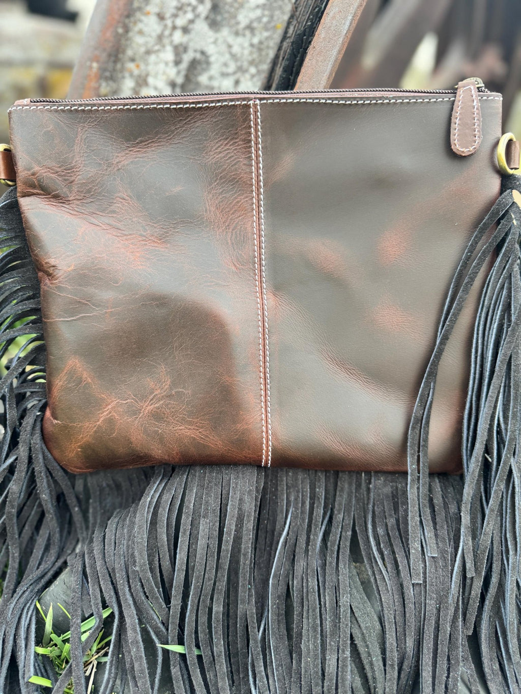 Genuine Western Black Cowhide Leather Fringe Purse and Wallet Set - Rooted & Reckless Co.