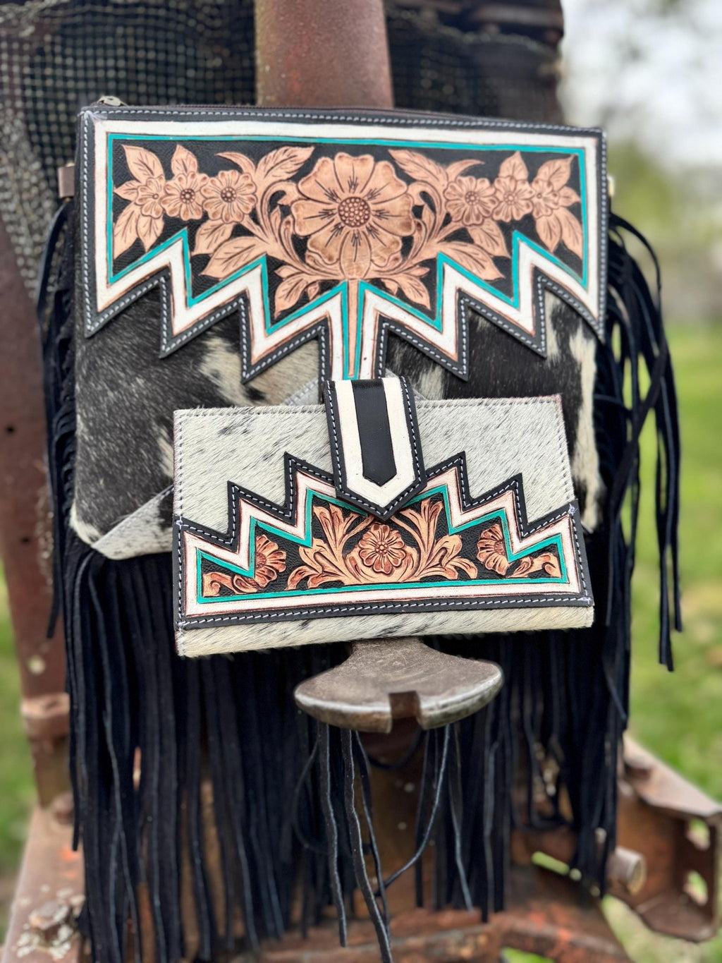 Genuine Western Black Cowhide Leather Fringe Purse and Wallet Set - Rooted & Reckless Co.