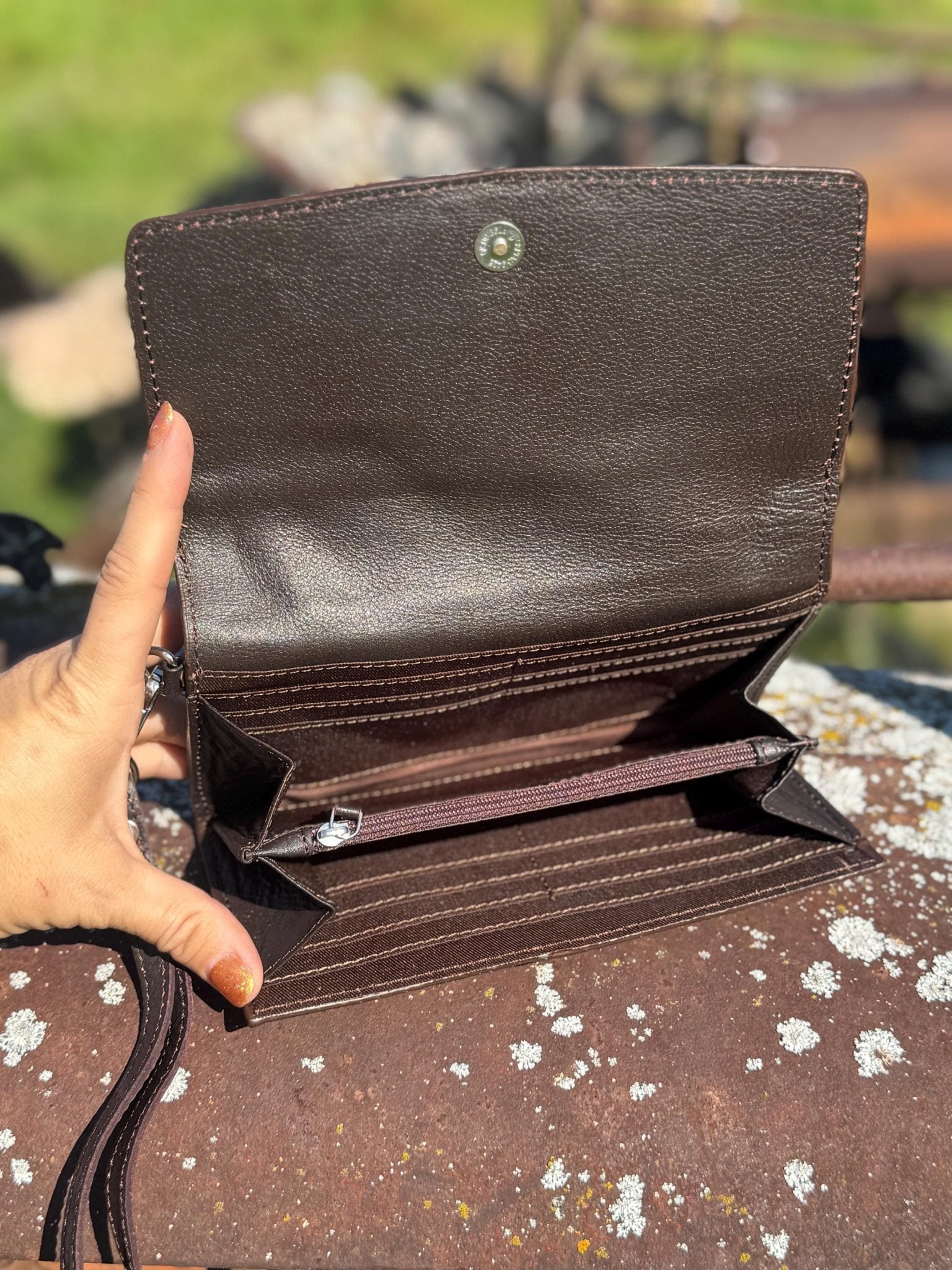 Genuine Western Cowhide Leather Purse and Wallet set with fringe and Cactus Tooling - Rooted & Reckless Co.