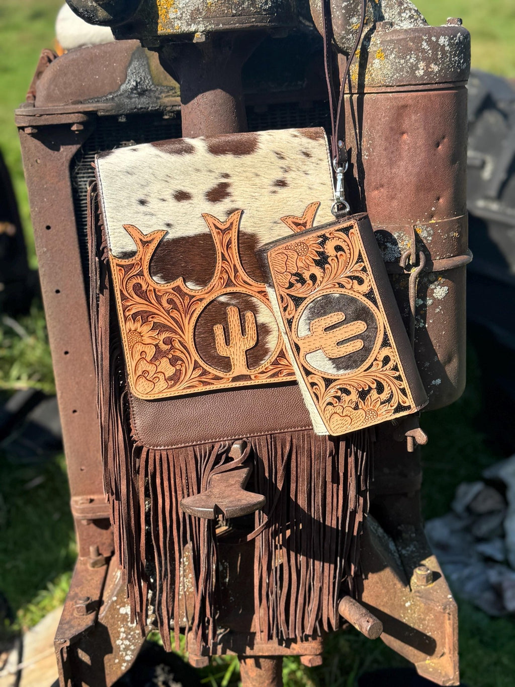 Genuine Western Cowhide Leather Purse and Wallet set with fringe and Cactus Tooling - Rooted & Reckless Co.