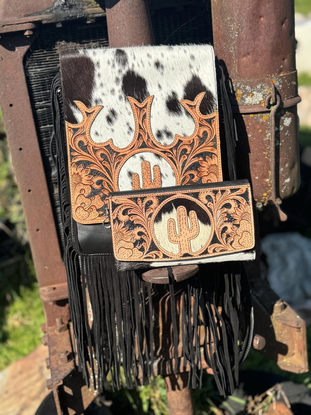 Genuine Western Cowhide Leather Purse and Wallet set with fringe and Cactus Tooling - Rooted & Reckless Co.