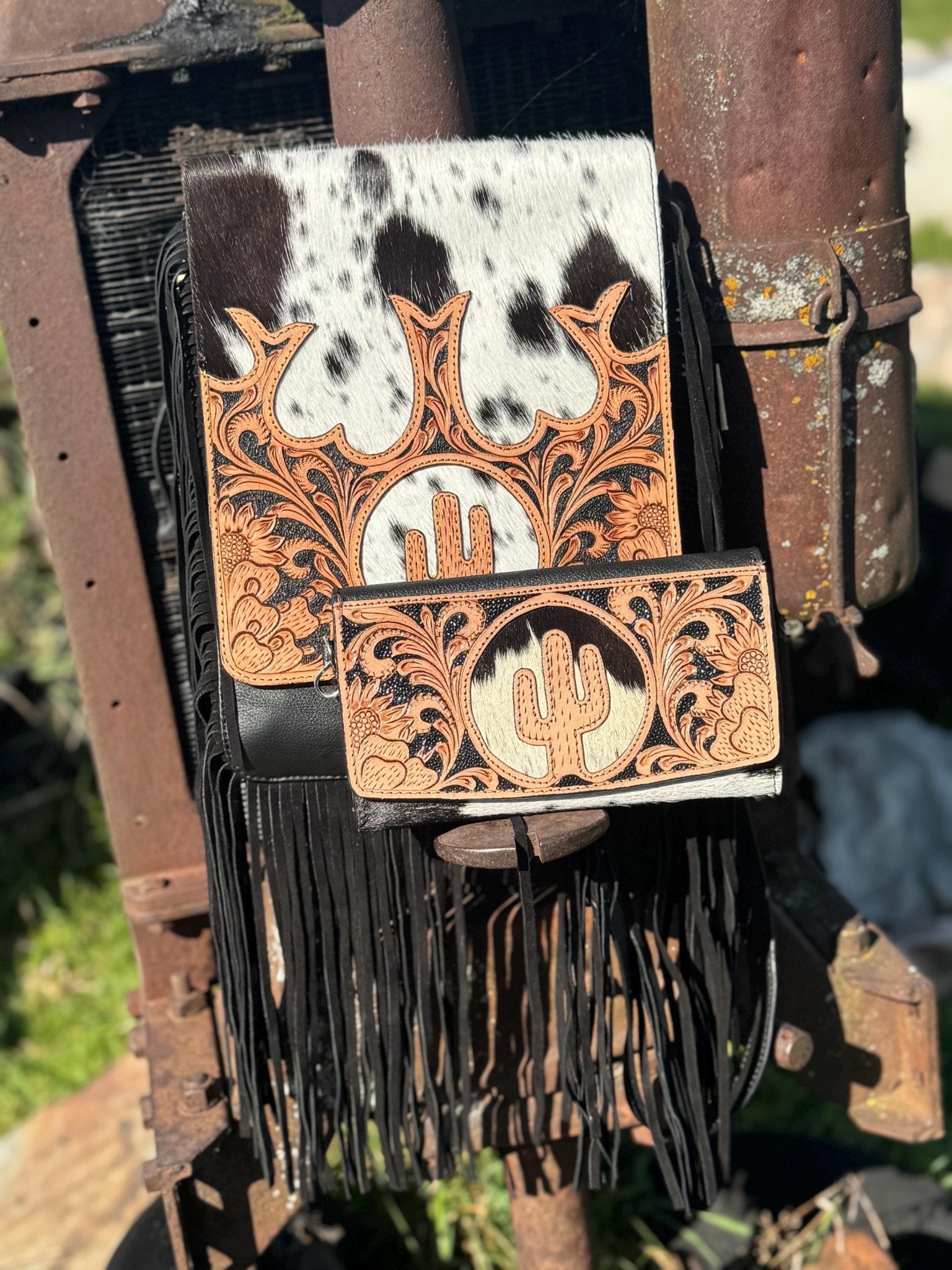 Genuine Western Cowhide Leather Purse and Wallet set with fringe and Cactus Tooling - Rooted & Reckless Co.