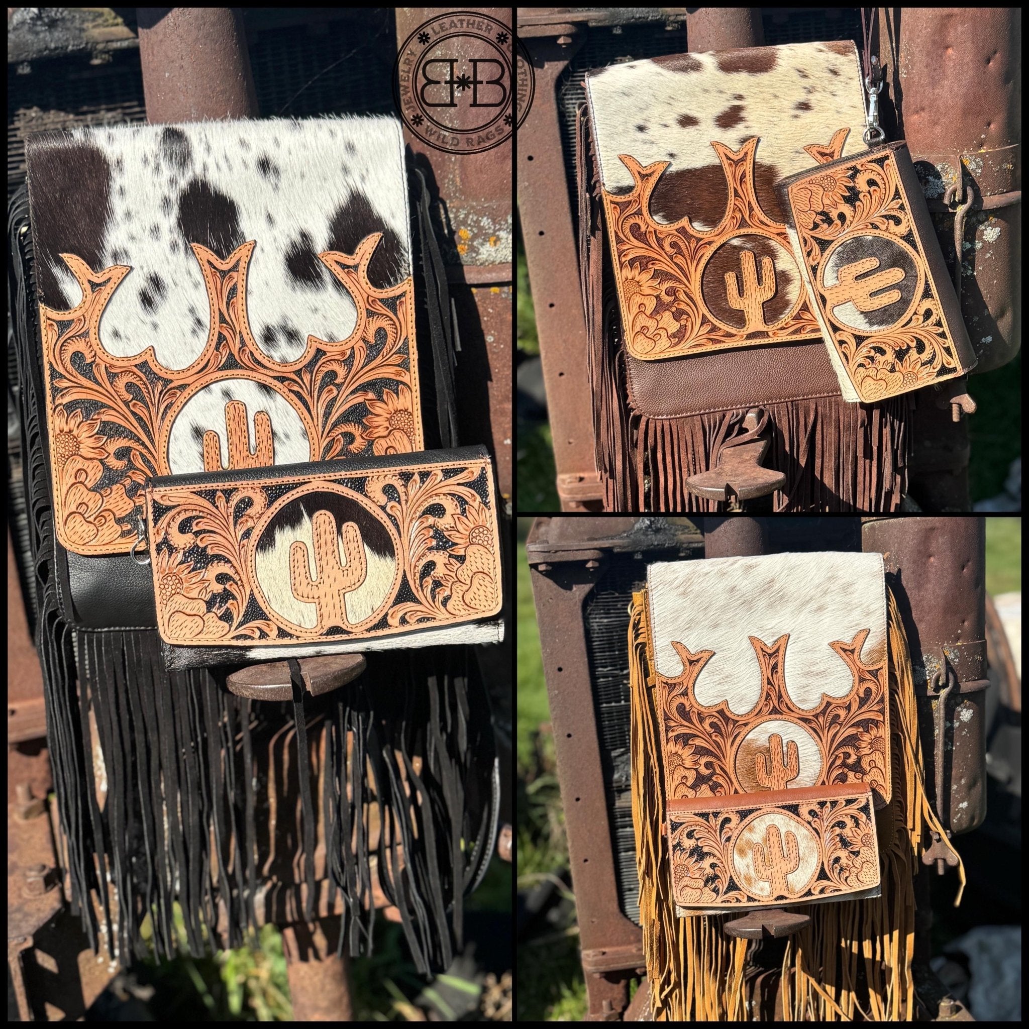 Genuine Western Cowhide Leather Purse and Wallet set with fringe and Cactus Tooling - Rooted & Reckless Co.