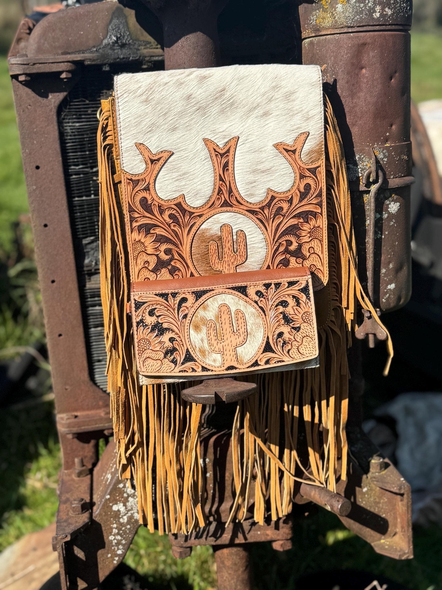 Genuine Western Cowhide Leather Purse and Wallet set with fringe and Cactus Tooling - Rooted & Reckless Co.