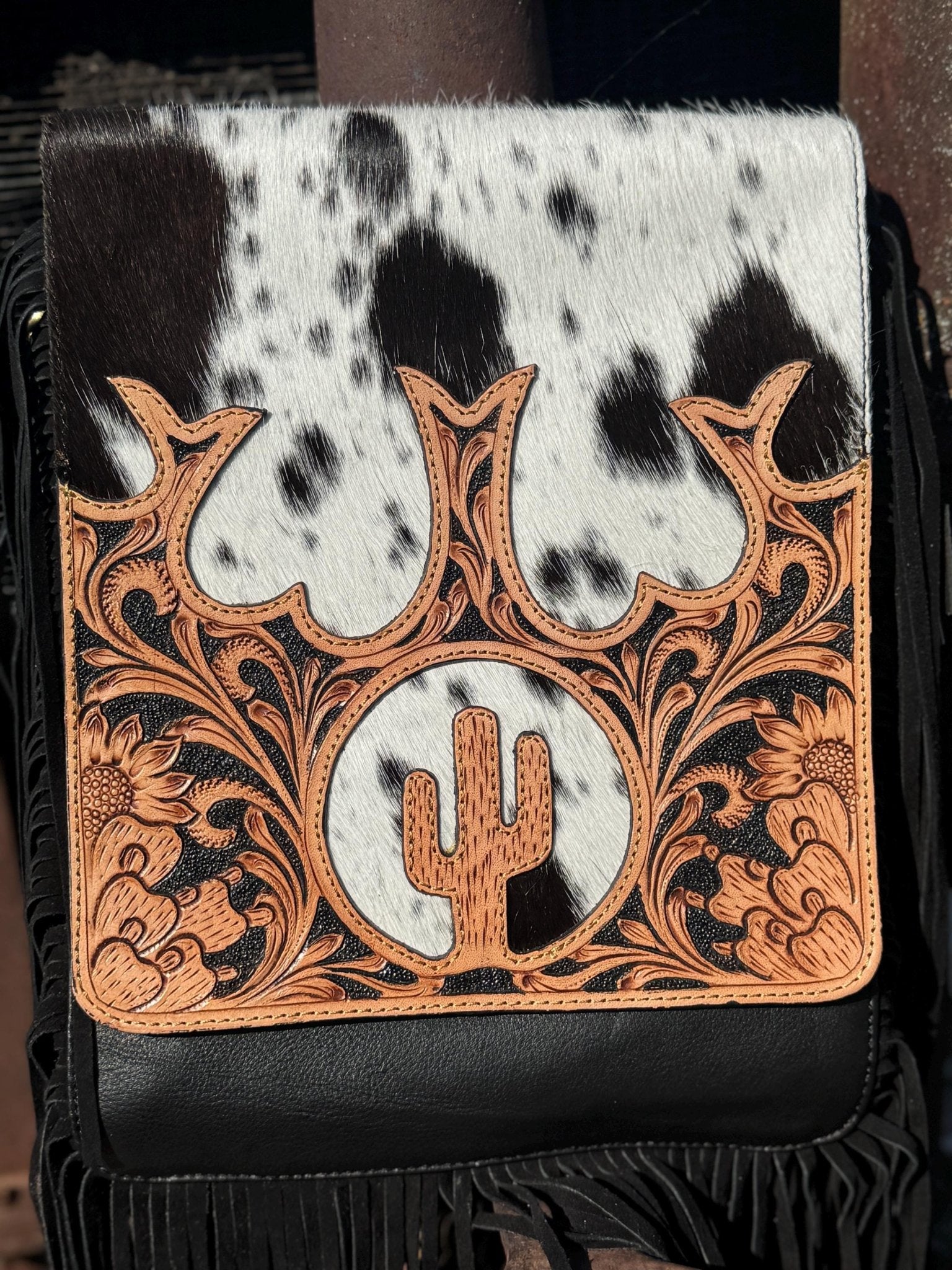 Genuine Western Cowhide Leather Purse and Wallet set with fringe and Cactus Tooling - Rooted & Reckless Co.