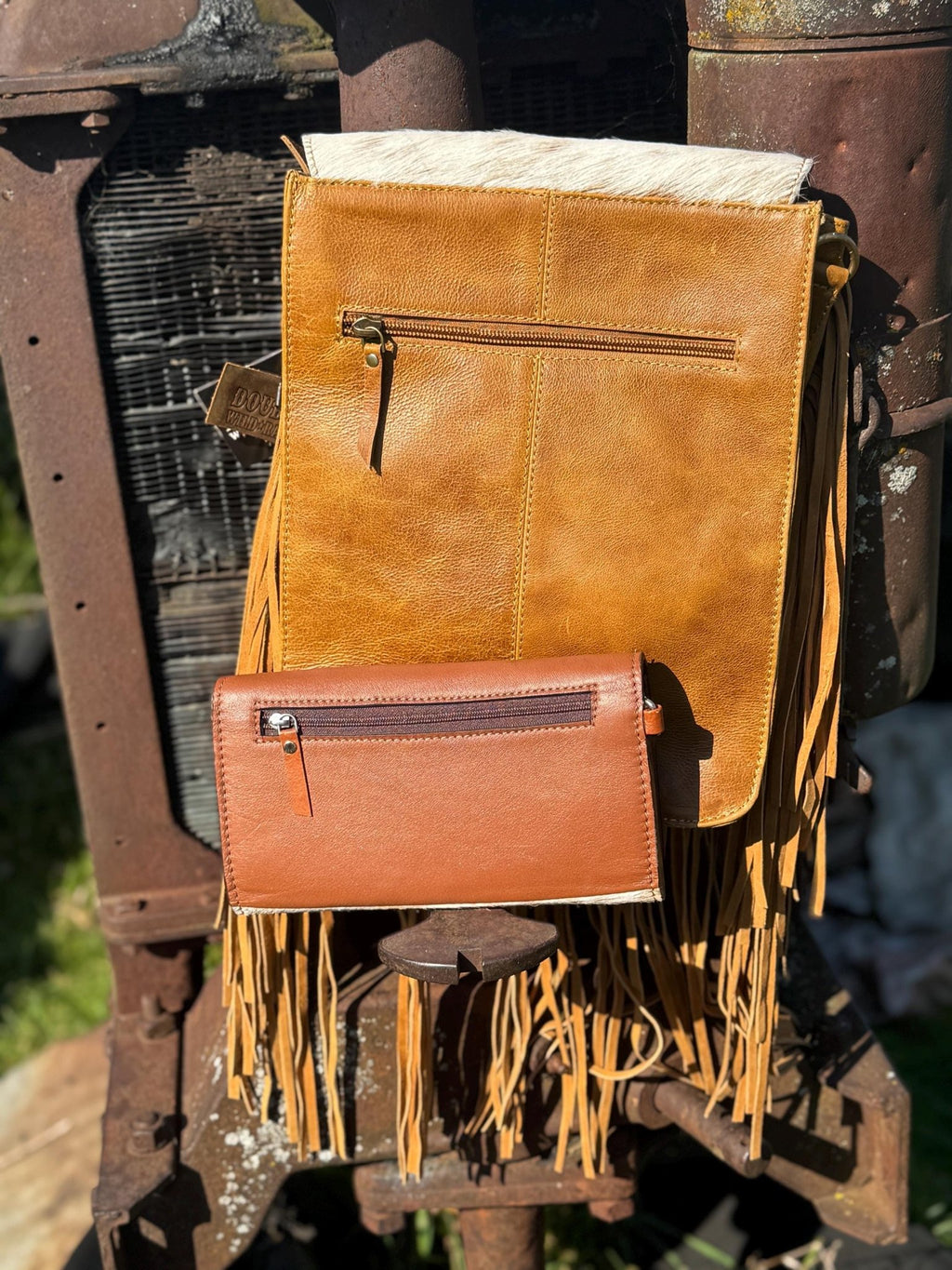 Genuine Western Cowhide Leather Purse and Wallet set with fringe and Cactus Tooling - Rooted & Reckless Co.