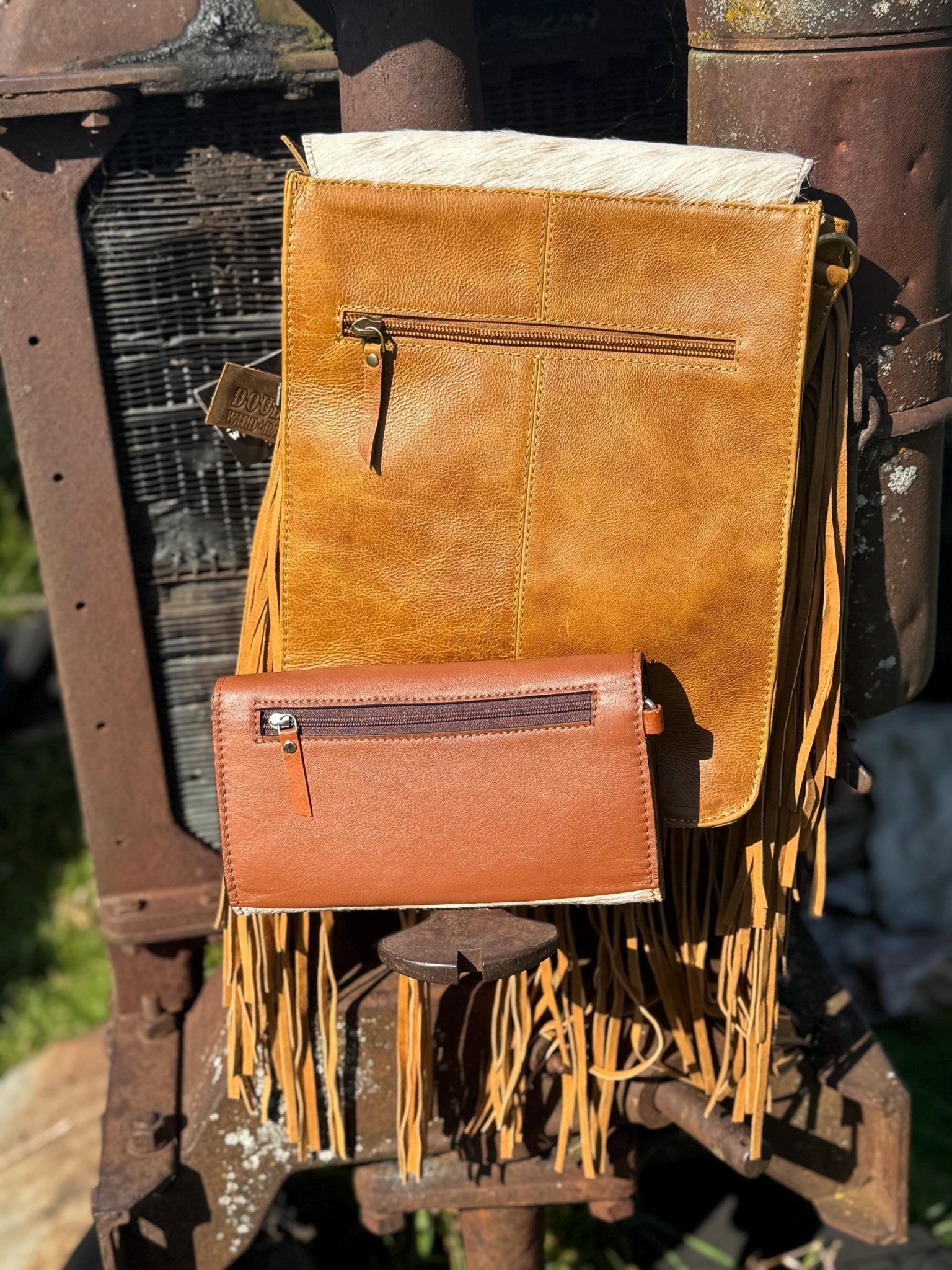 Genuine Western Cowhide Leather Purse and Wallet set with fringe and Cactus Tooling - Rooted & Reckless Co.