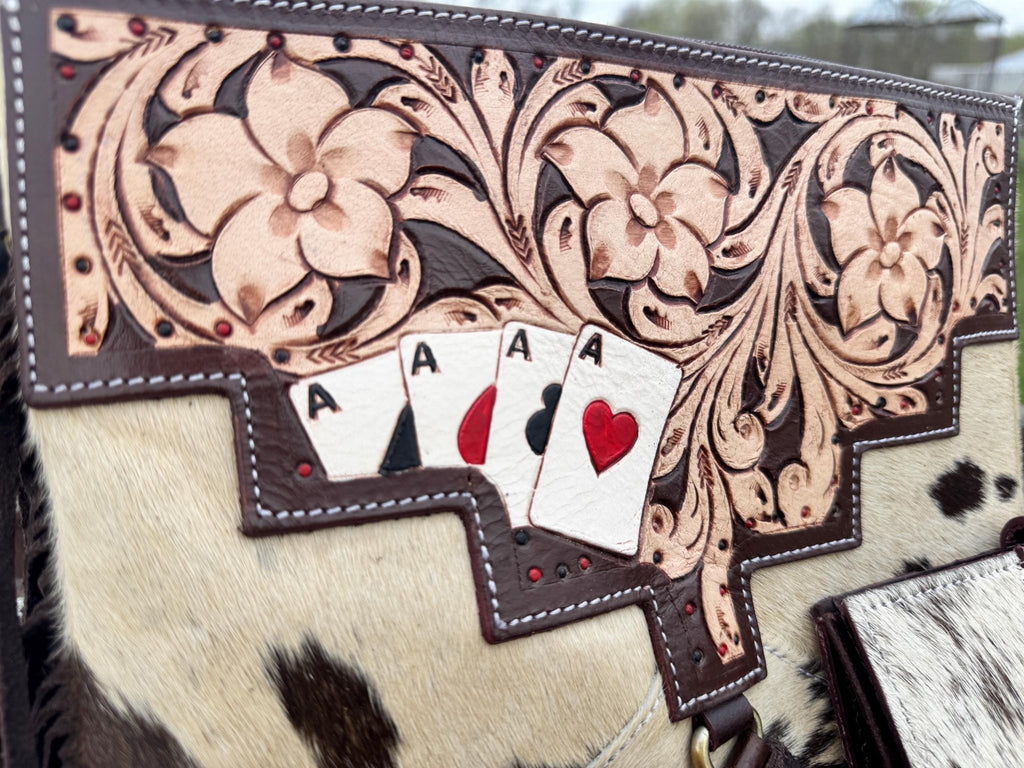 Genuine Western Spotted Cowhide Leather Purse and Wallet with Ace Cards painted details and brown fringe - Rooted & Reckless Co.