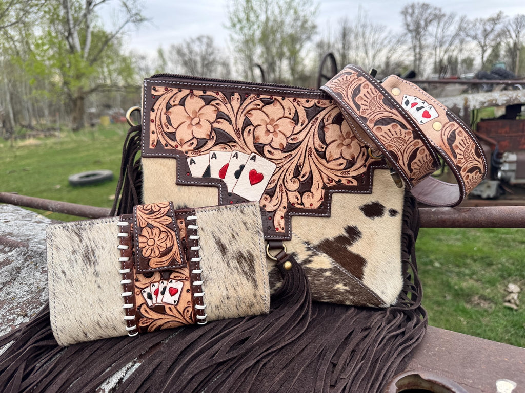Genuine Western Spotted Cowhide Leather Purse and Wallet with Ace Cards painted details and brown fringe - Rooted & Reckless Co.