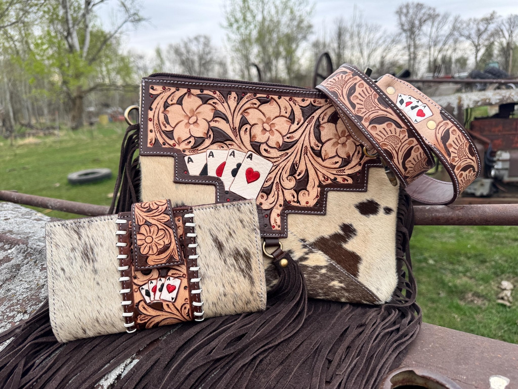 Genuine Western Spotted Cowhide Leather Purse and Wallet with Ace Cards painted details and brown fringe - Rooted & Reckless Co.