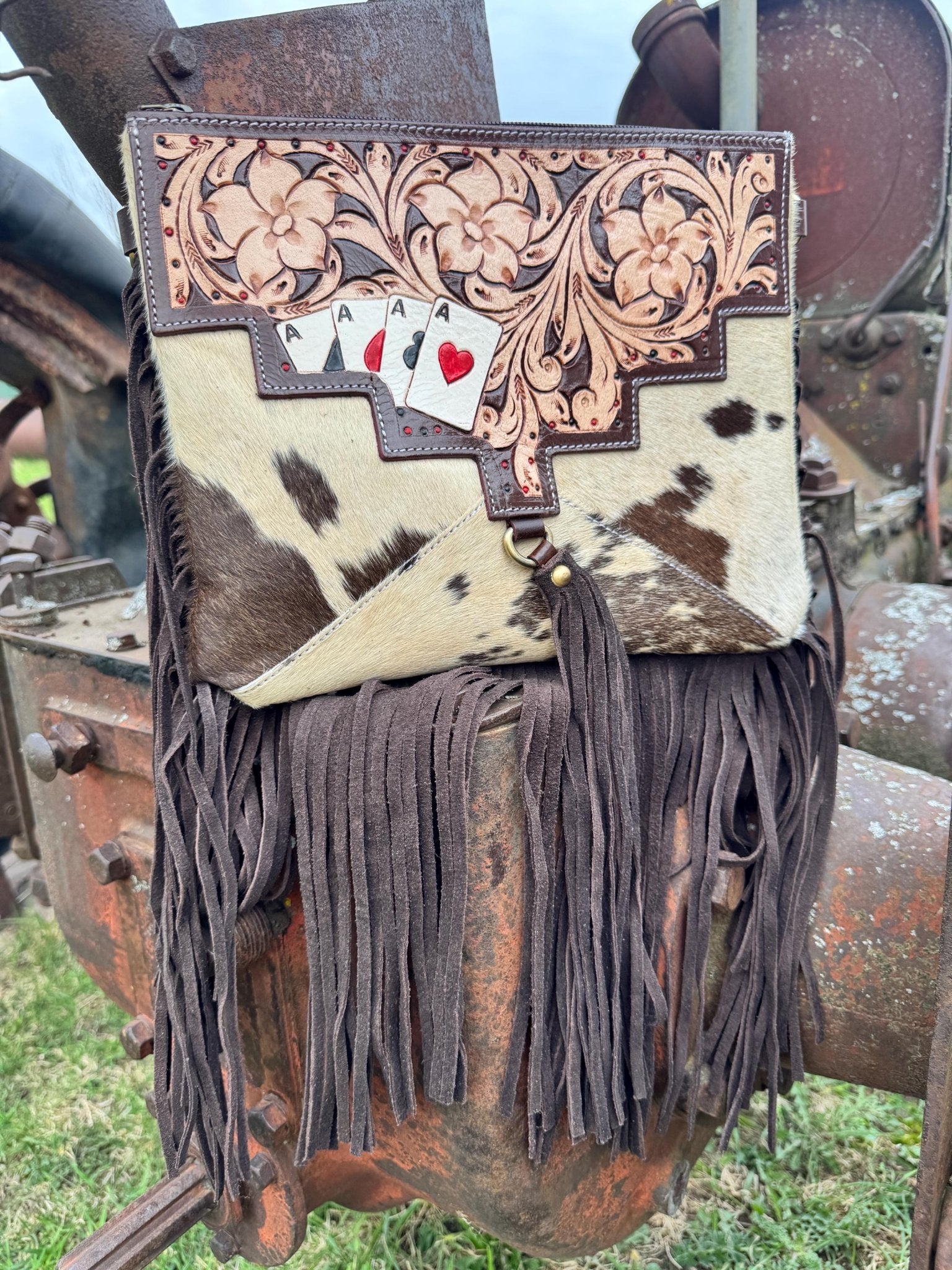 Genuine Western Spotted Cowhide Leather Purse and Wallet with Ace Cards painted details and brown fringe - Rooted & Reckless Co.
