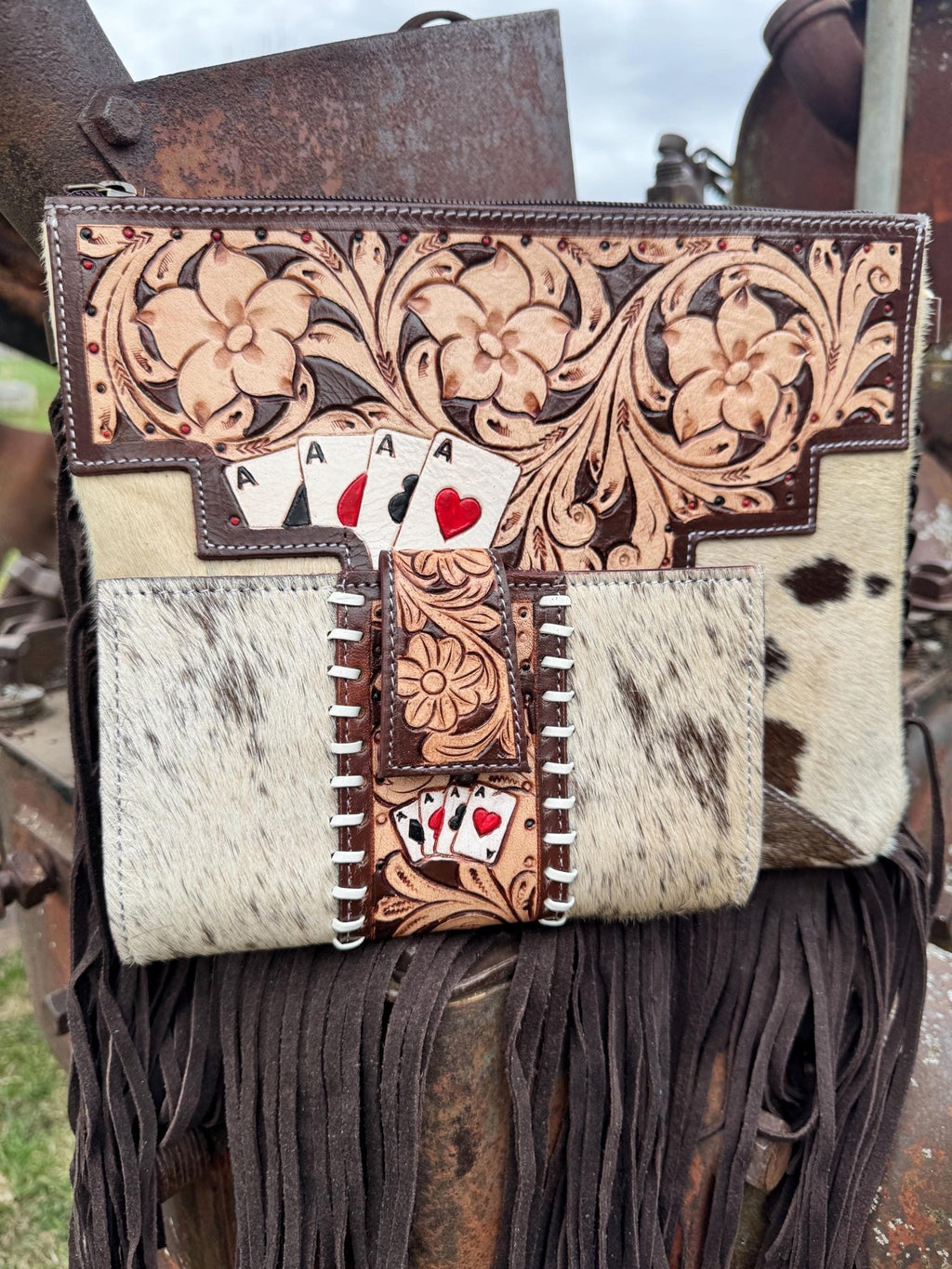Genuine Western Spotted Cowhide Leather Purse and Wallet with Ace Cards painted details and brown fringe - Rooted & Reckless Co.