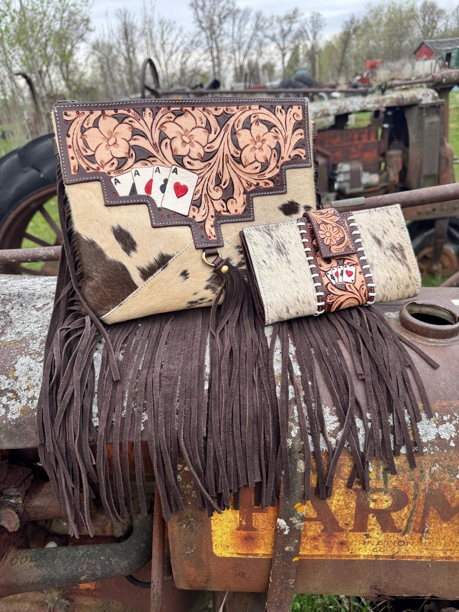 Genuine Western Spotted Cowhide Leather Purse and Wallet with Ace Cards painted details and brown fringe - Rooted & Reckless Co.