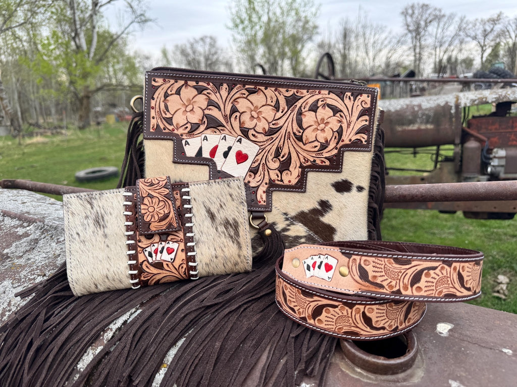 Genuine Western Spotted Cowhide Leather Purse and Wallet with Ace Cards painted details and brown fringe - Rooted & Reckless Co.