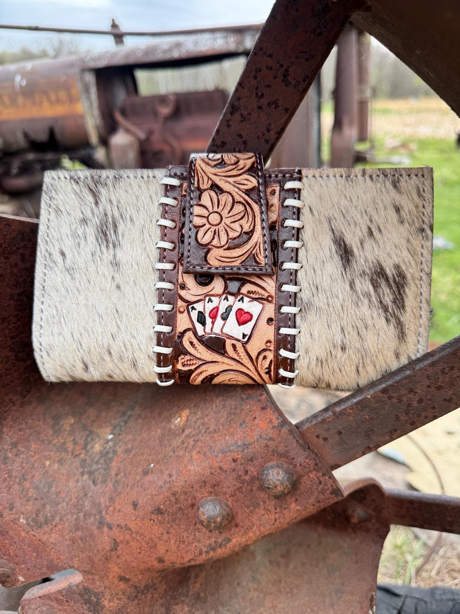 Genuine Western Spotted Cowhide Leather Purse and Wallet with Ace Cards painted details and brown fringe - Rooted & Reckless Co.