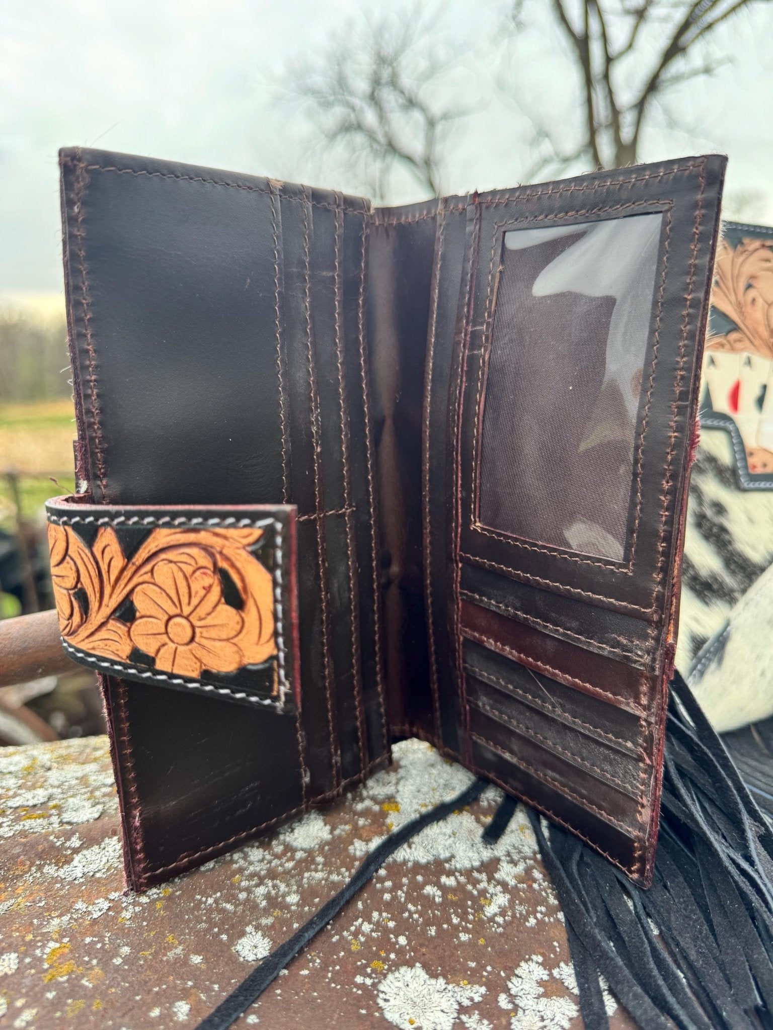Genuine Western Spotted Cowhide Leather Purse and Wallet with Ace Cards painted details and brown fringe - Rooted & Reckless Co.