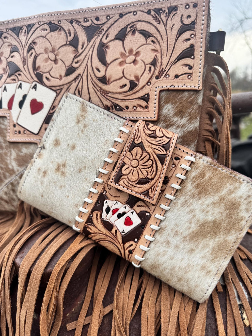 Genuine Western Spotted Cowhide Leather Purse and Wallet with Ace Cards painted details and tan fringe - Rooted & Reckless Co.