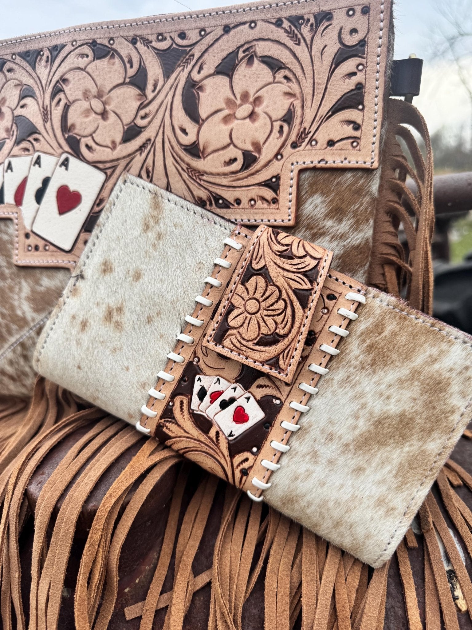 Genuine Western Spotted Cowhide Leather Purse and Wallet with Ace Cards painted details and tan fringe - Rooted & Reckless Co.