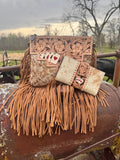 Genuine Western Spotted Cowhide Leather Purse and Wallet with Ace Cards painted details and tan fringe - Rooted & Reckless Co.
