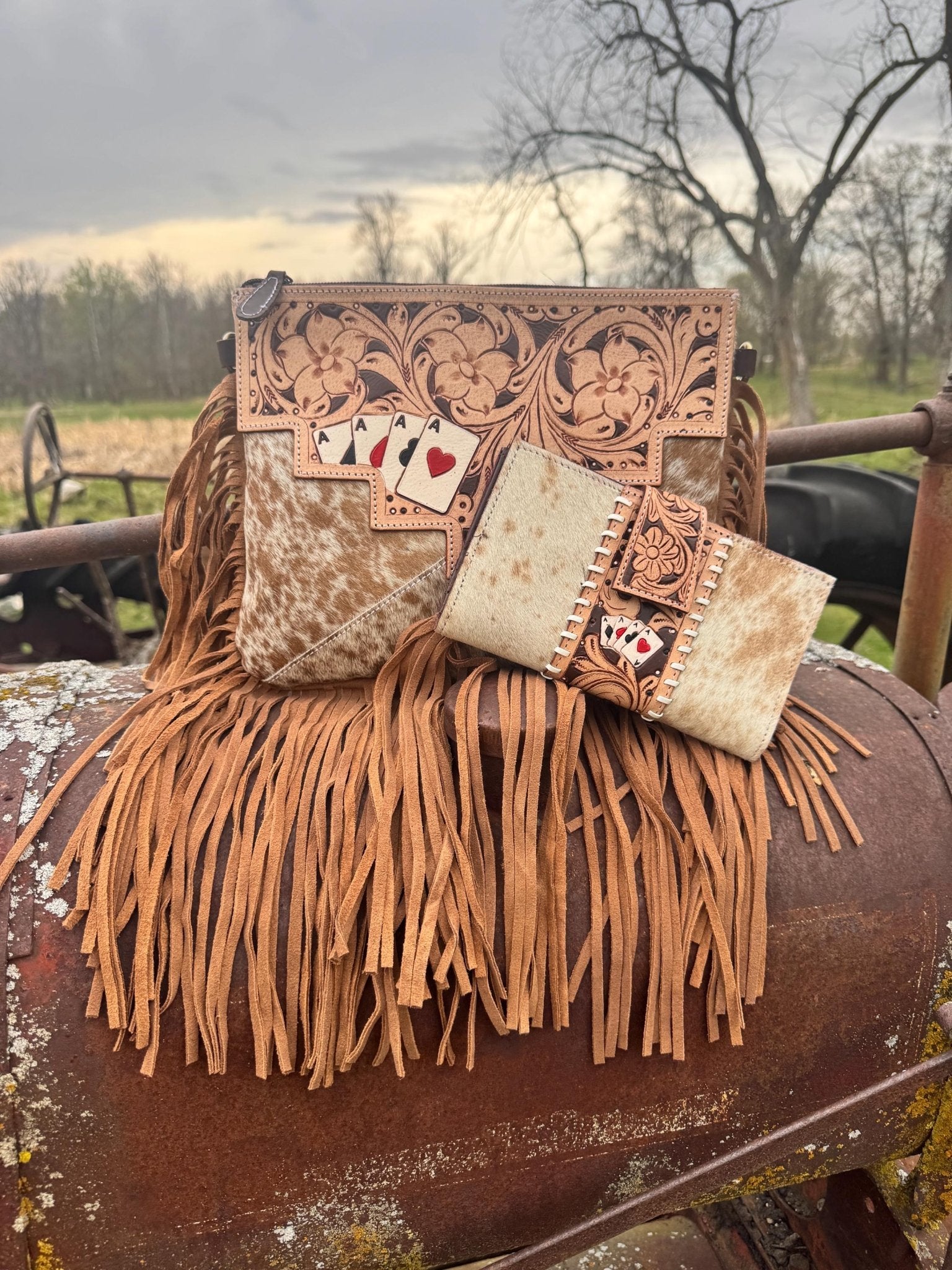 Genuine Western Spotted Cowhide Leather Purse and Wallet with Ace Cards painted details and tan fringe - Rooted & Reckless Co.