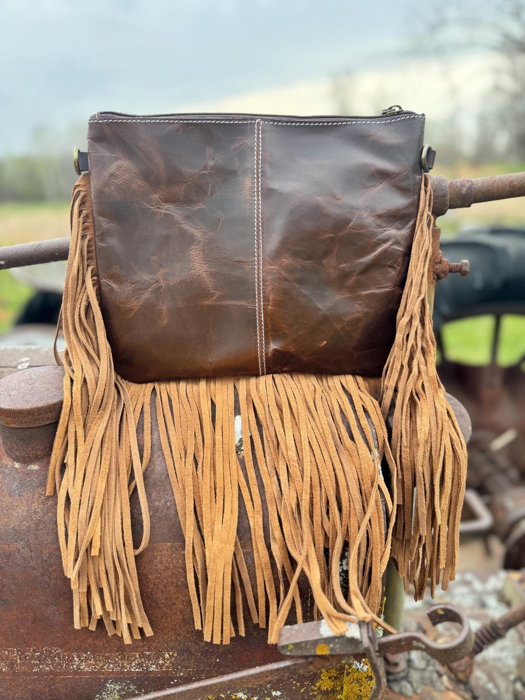 Genuine Western Spotted Cowhide Leather Purse and Wallet with Ace Cards painted details and tan fringe - Rooted & Reckless Co.
