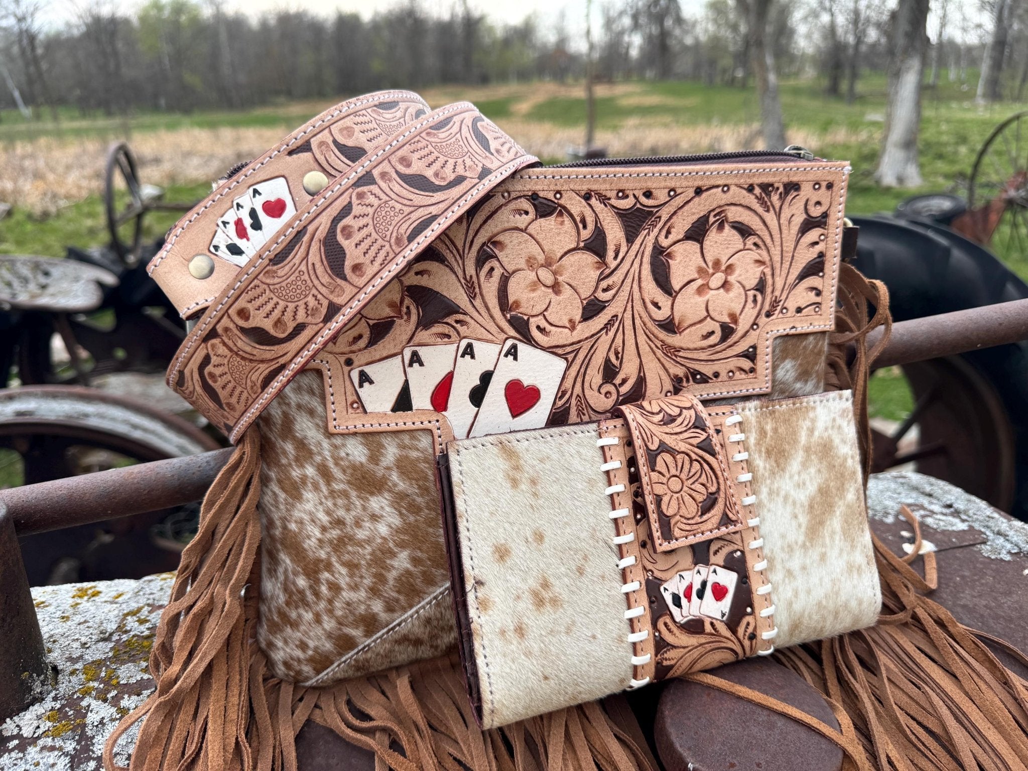 Genuine Western Spotted Cowhide Leather Purse and Wallet with Ace Cards painted details and tan fringe - Rooted & Reckless Co.