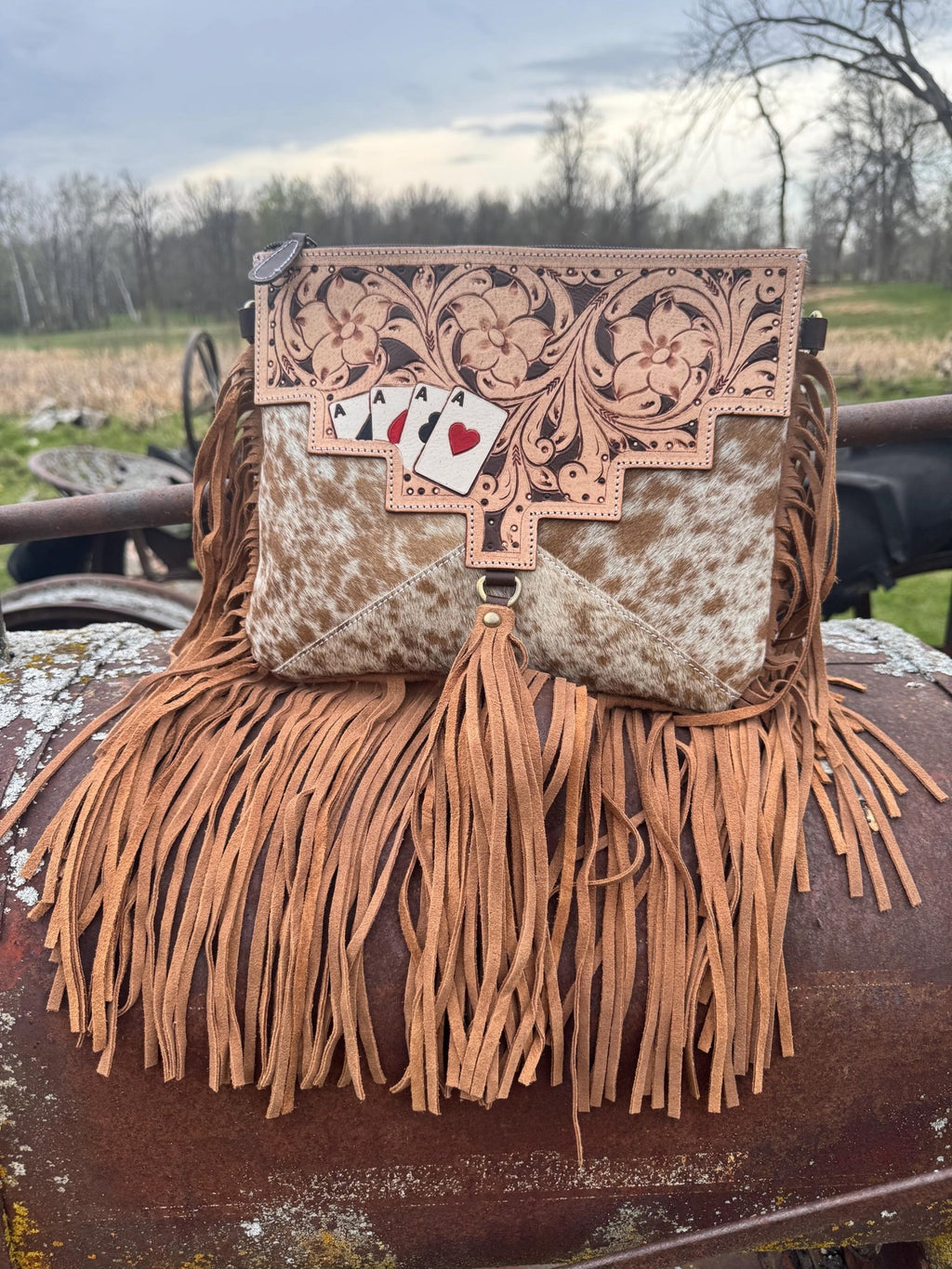 Genuine Western Spotted Cowhide Leather Purse and Wallet with Ace Cards painted details and tan fringe - Rooted & Reckless Co.