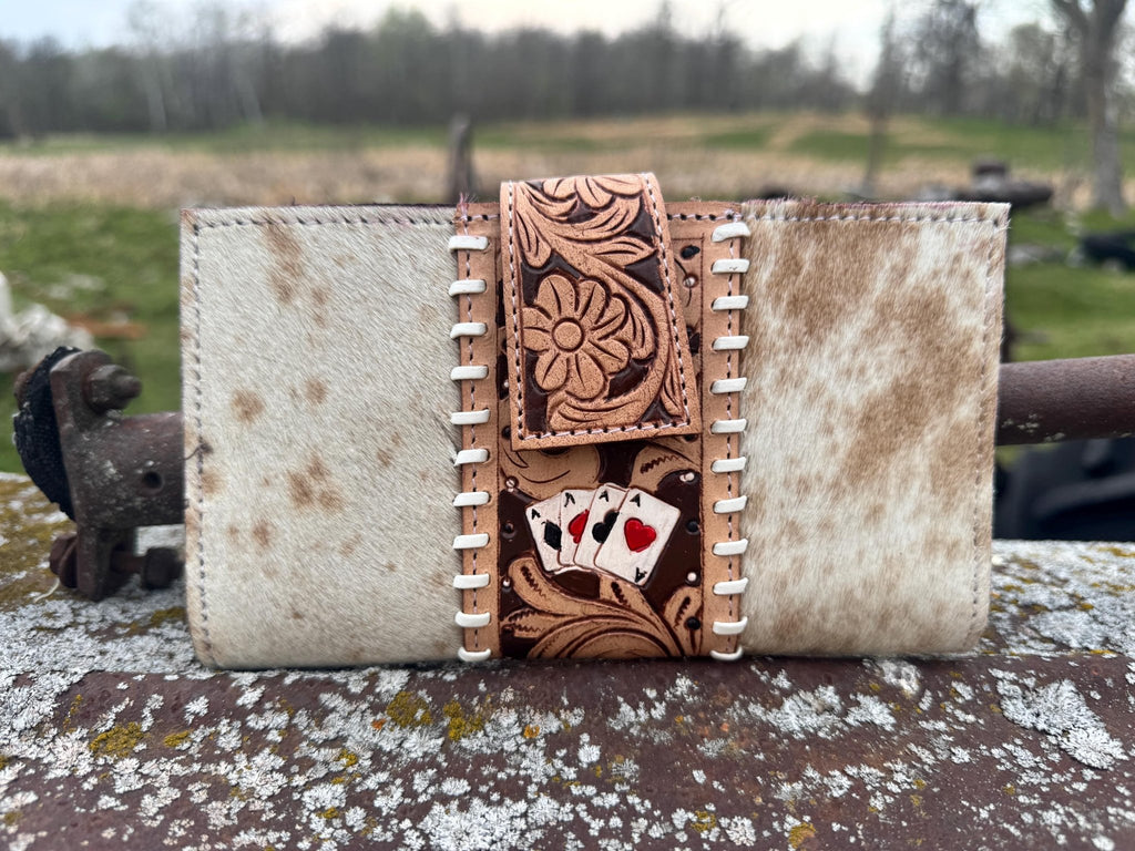 Genuine Western Spotted Cowhide Leather Purse and Wallet with Ace Cards painted details and tan fringe - Rooted & Reckless Co.