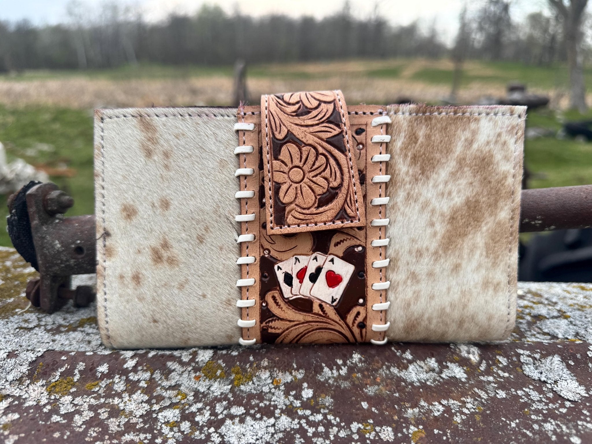 Genuine Western Spotted Cowhide Leather Purse and Wallet with Ace Cards painted details and tan fringe - Rooted & Reckless Co.