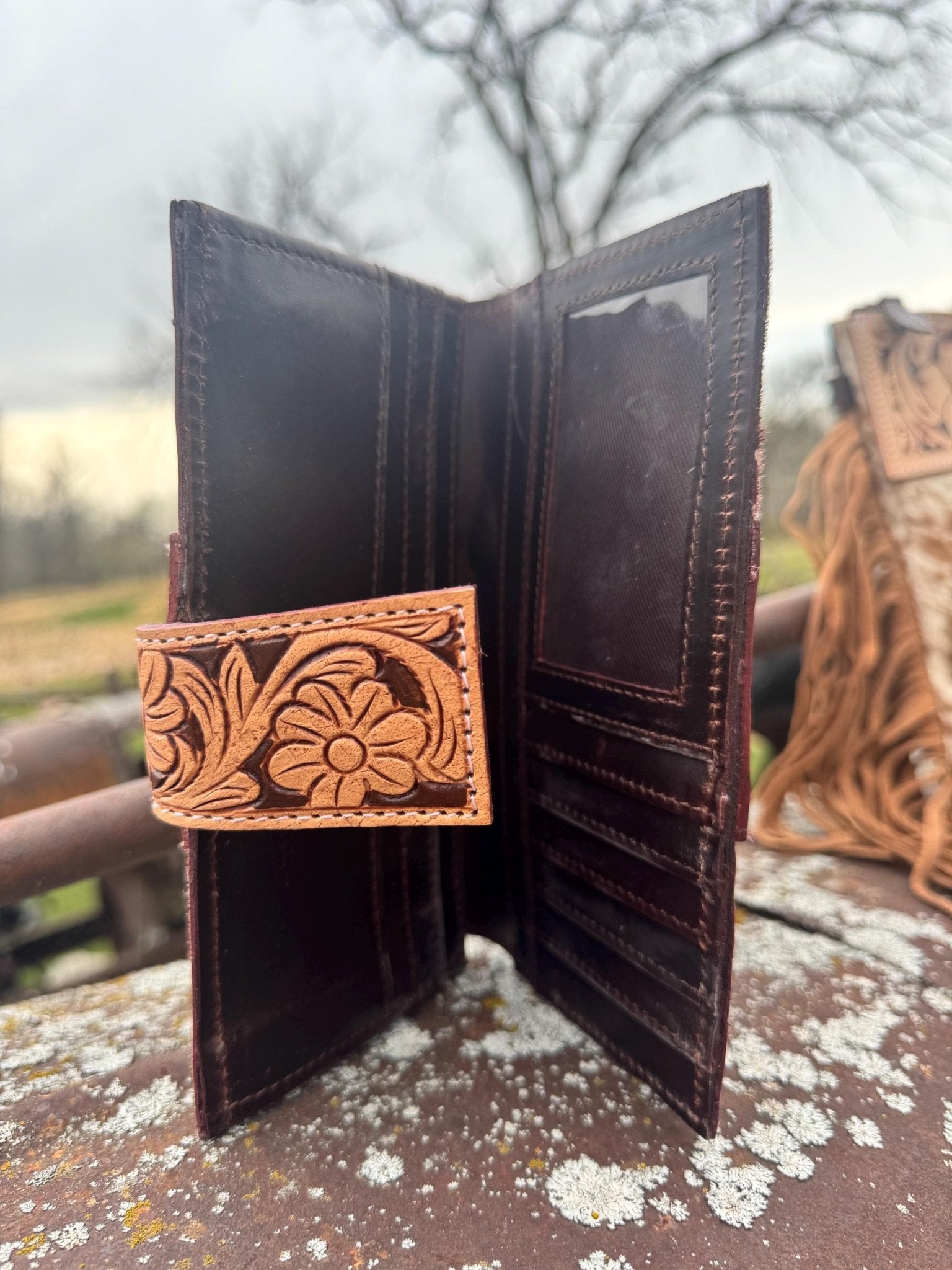 Genuine Western Spotted Cowhide Leather Purse and Wallet with Ace Cards painted details and tan fringe - Rooted & Reckless Co.