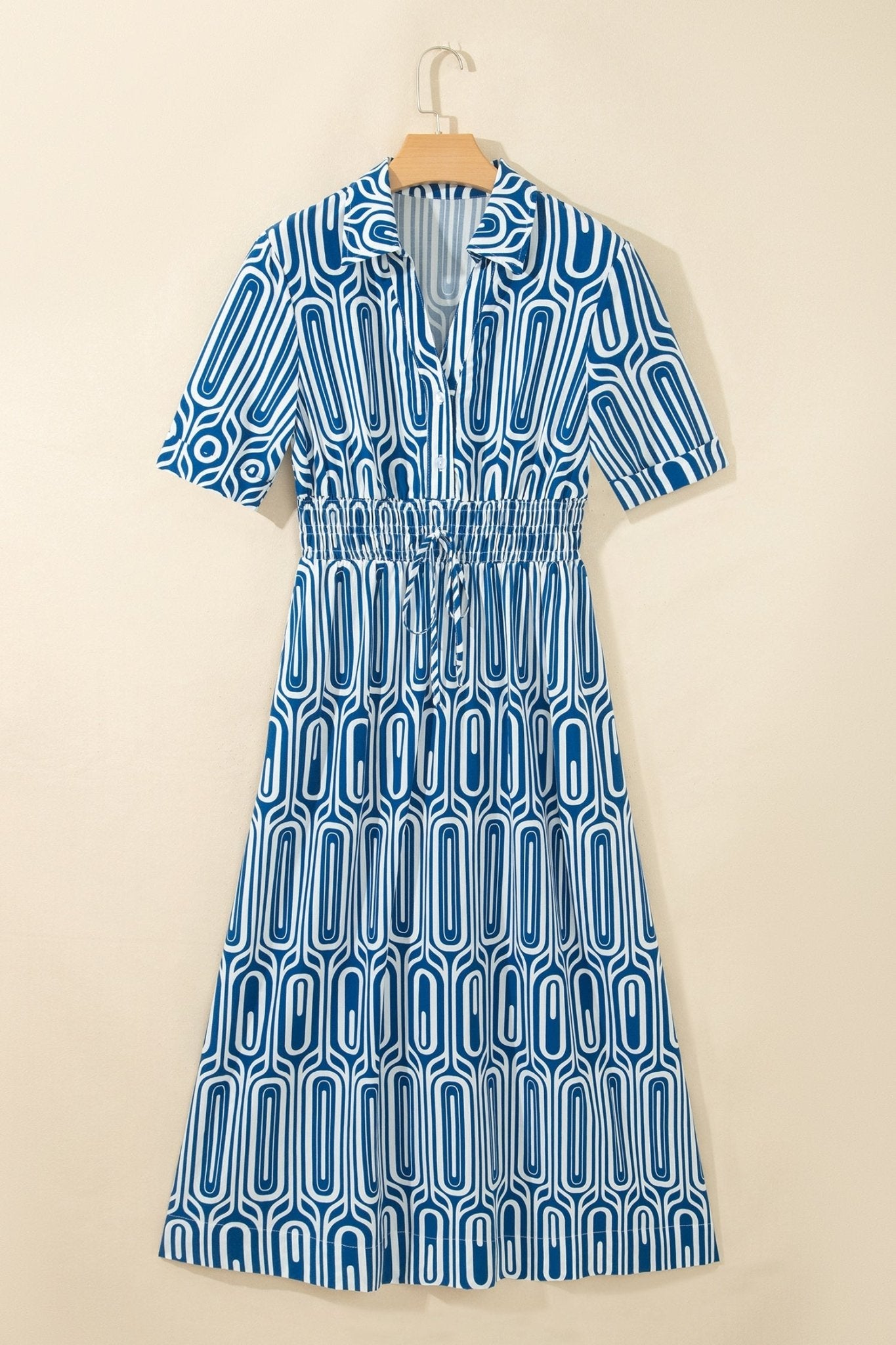 Geometric Drawstring Waist Short Sleeve Midi Dress - Rooted & Reckless Co.