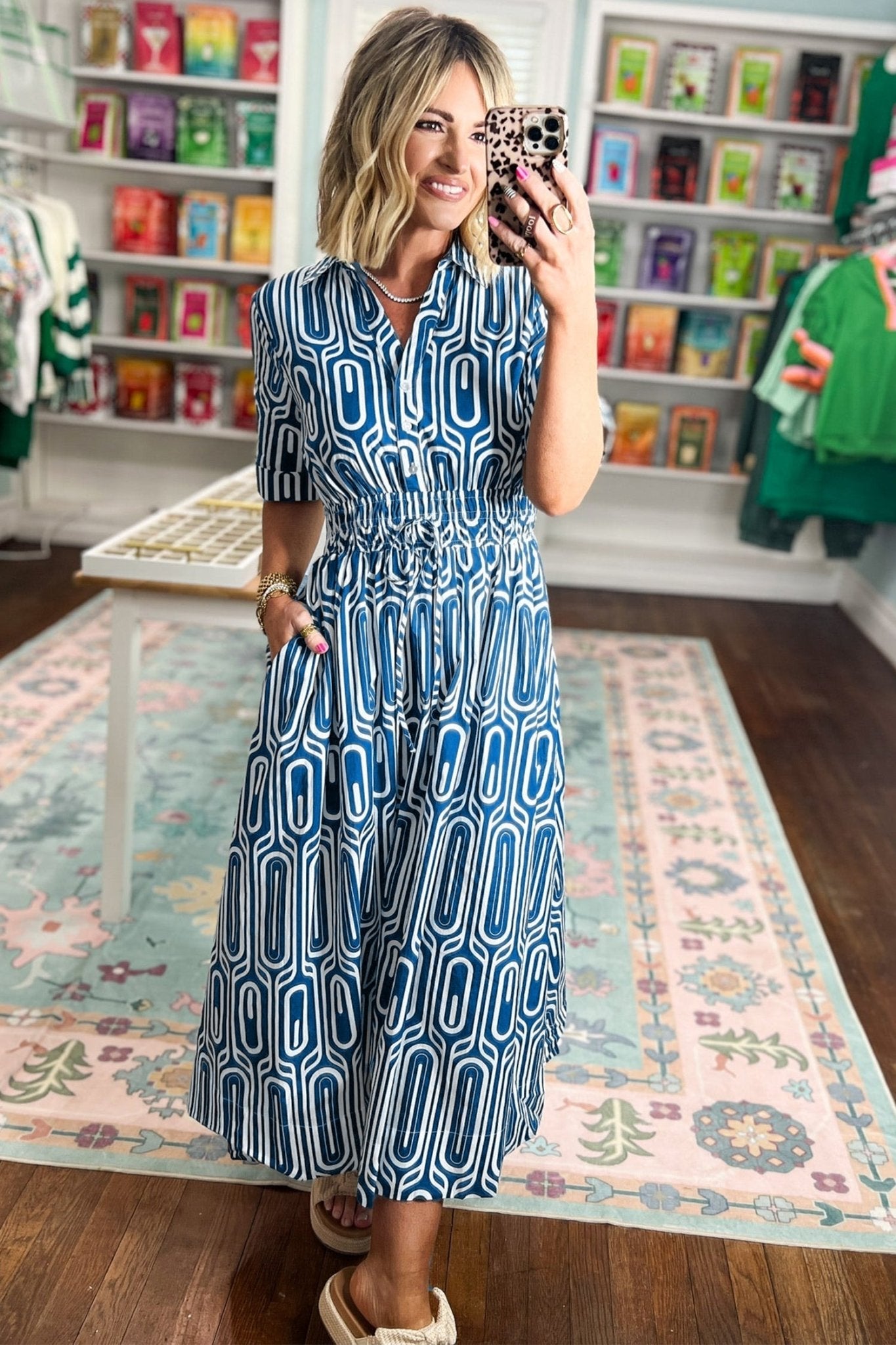 Geometric Drawstring Waist Short Sleeve Midi Dress - Rooted & Reckless Co.