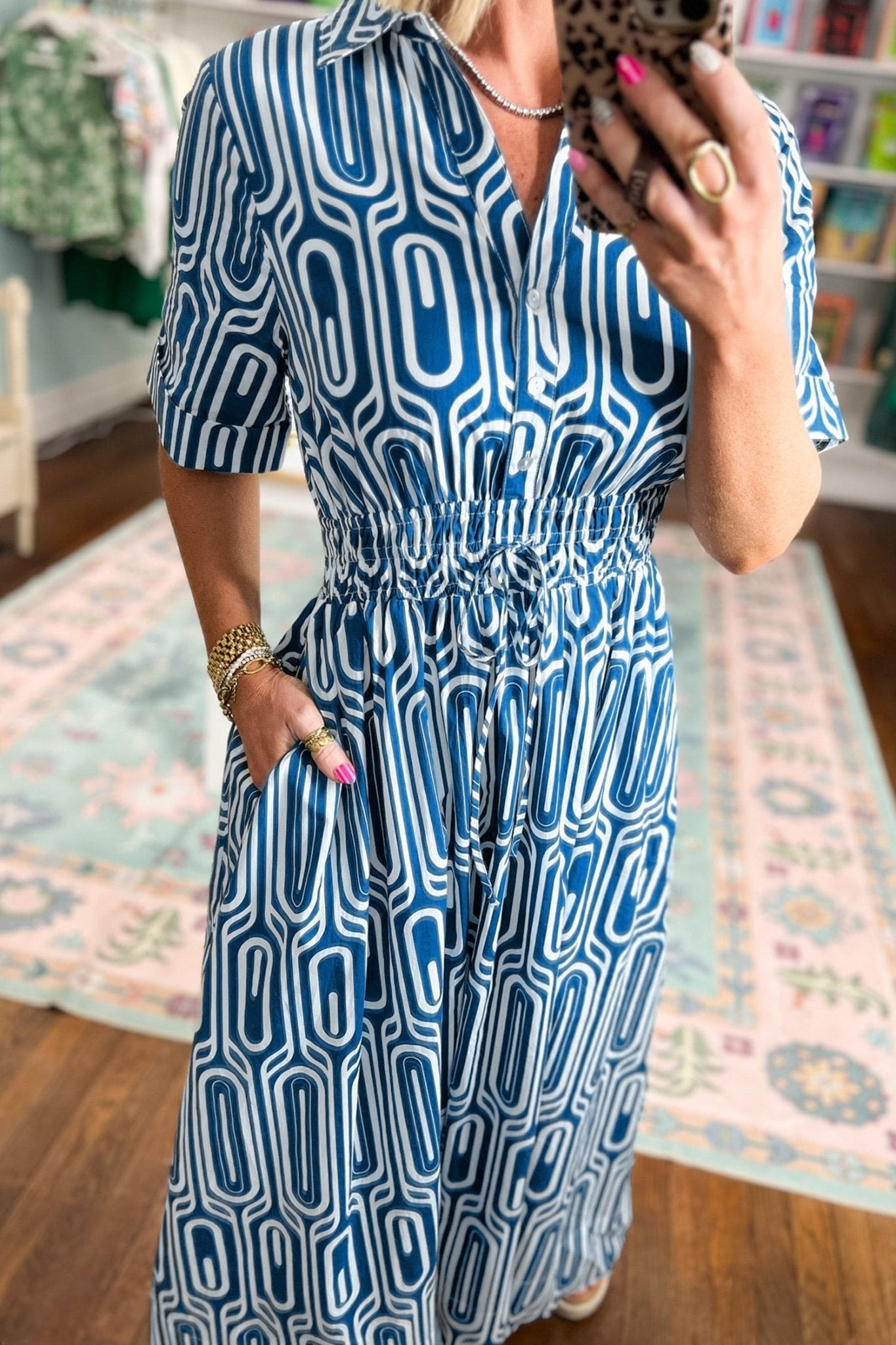Geometric Drawstring Waist Short Sleeve Midi Dress - Rooted & Reckless Co.
