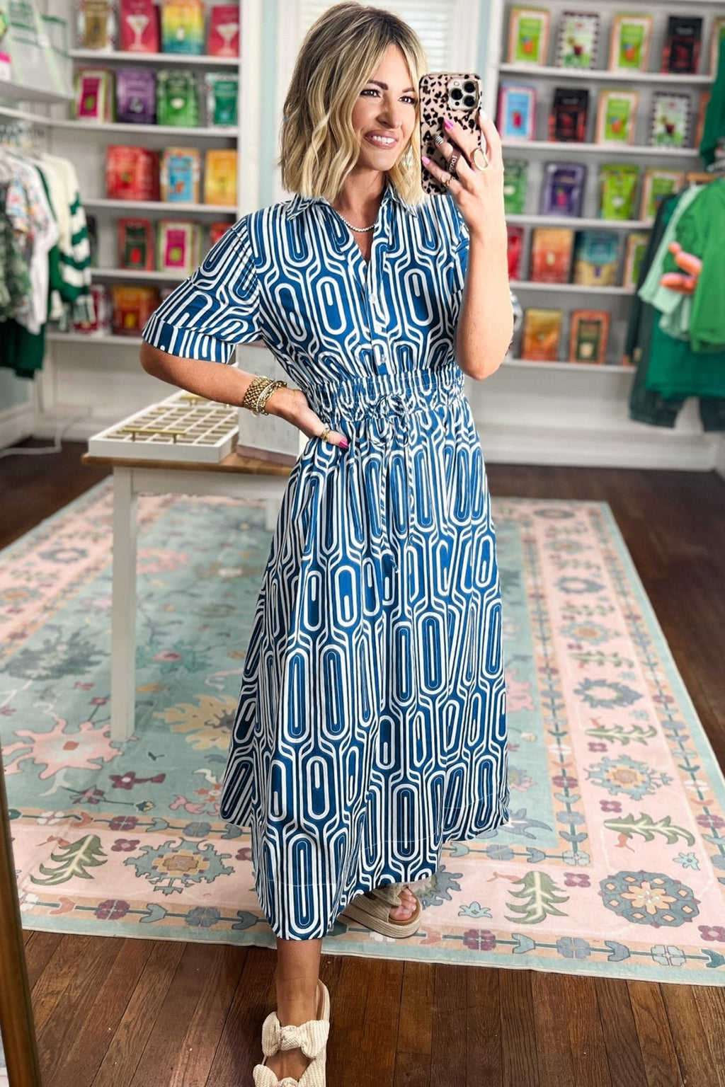 Geometric Drawstring Waist Short Sleeve Midi Dress - Rooted & Reckless Co.