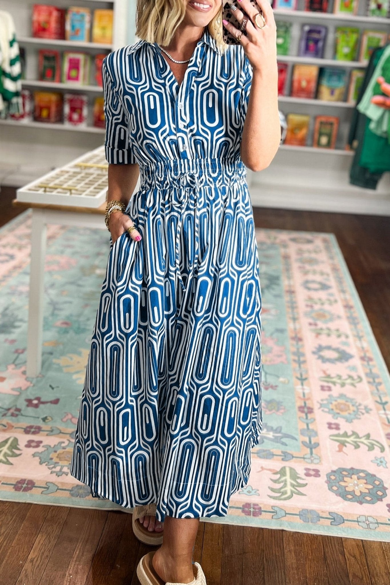 Geometric Drawstring Waist Short Sleeve Midi Dress - Rooted & Reckless Co.