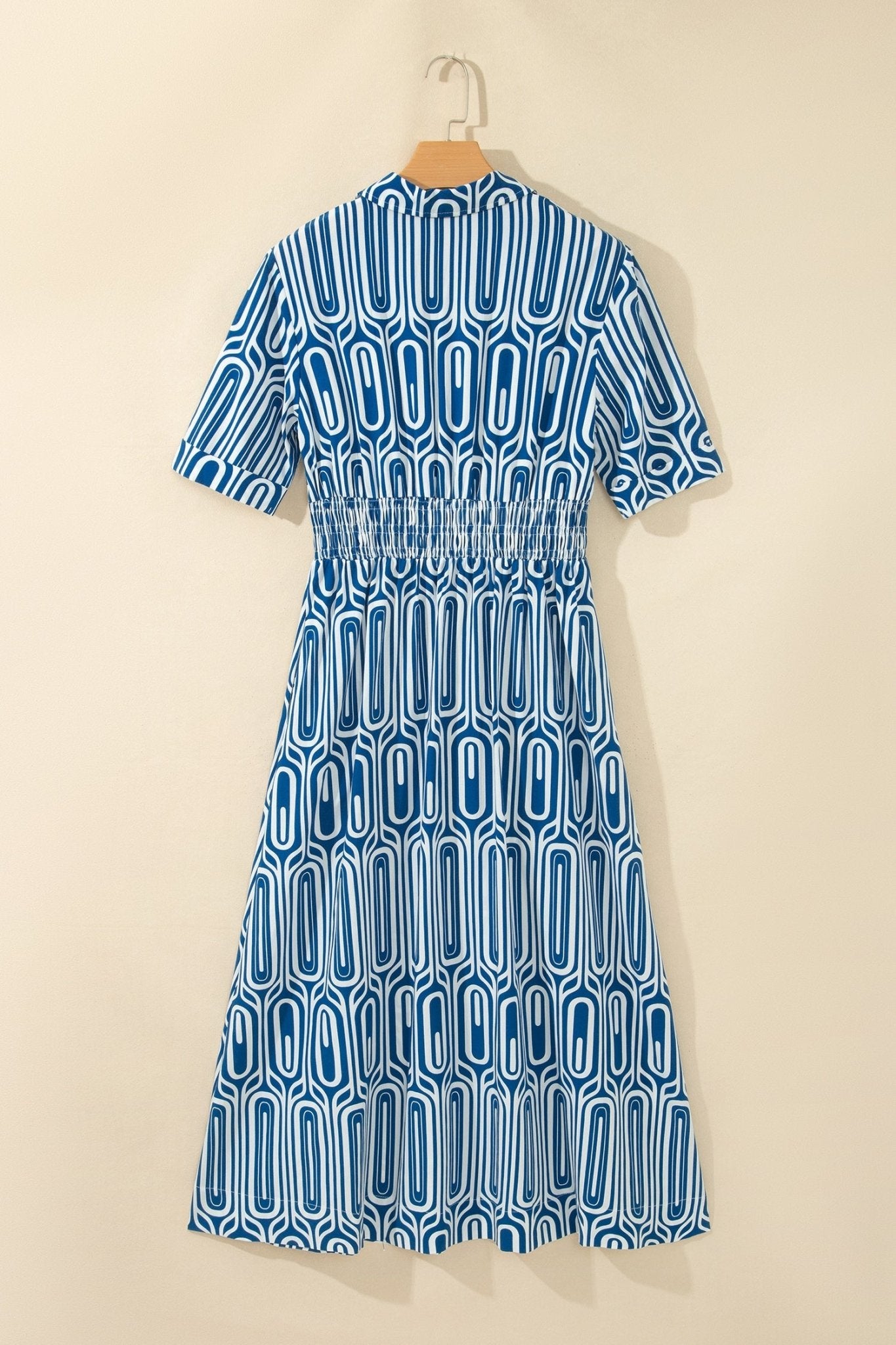 Geometric Drawstring Waist Short Sleeve Midi Dress - Rooted & Reckless Co.