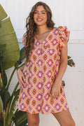 Geometric Floral V-Neck Button-Front Mini Dress - Rooted & Reckless Co.