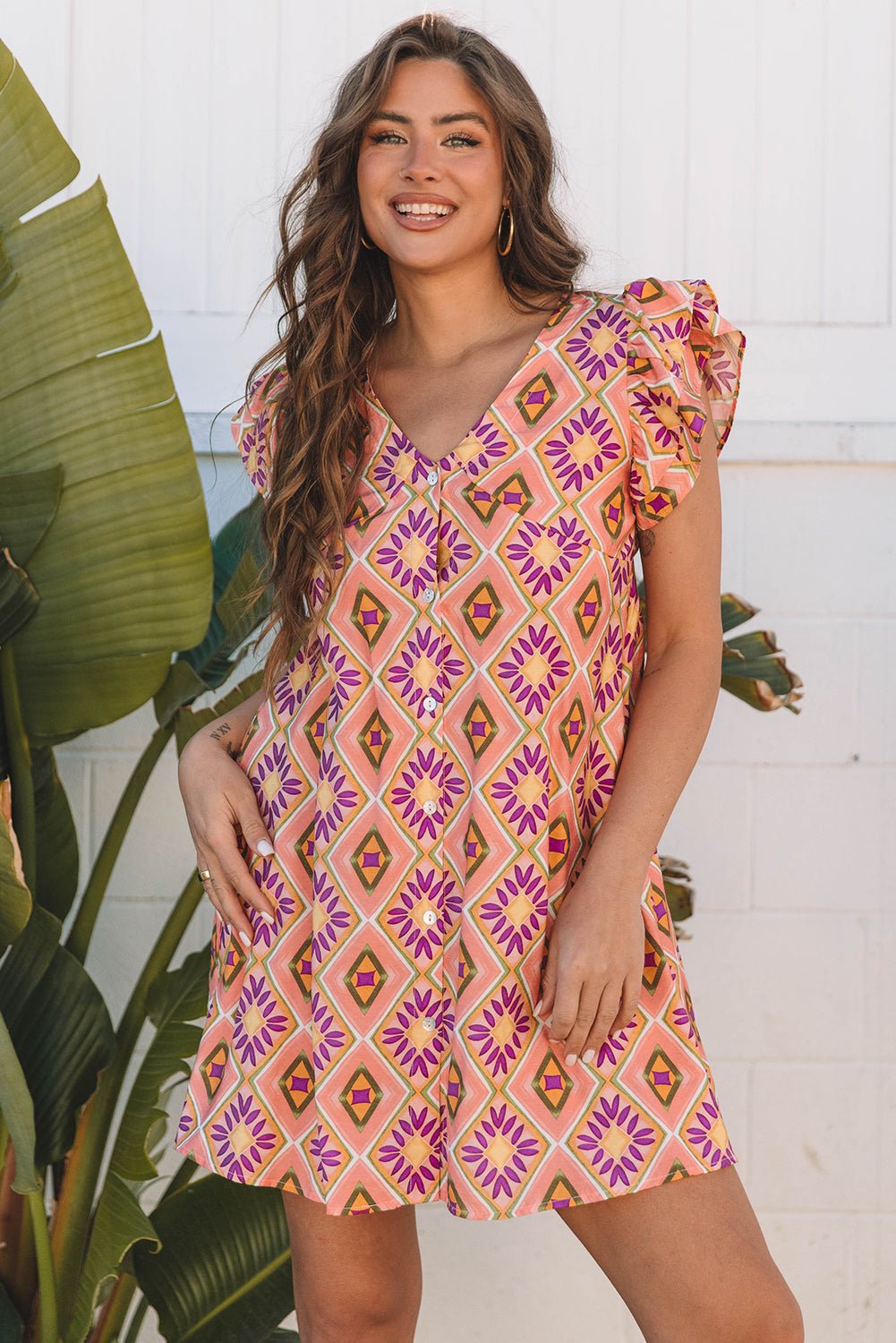 Geometric Floral V-Neck Button-Front Mini Dress - Rooted & Reckless Co.