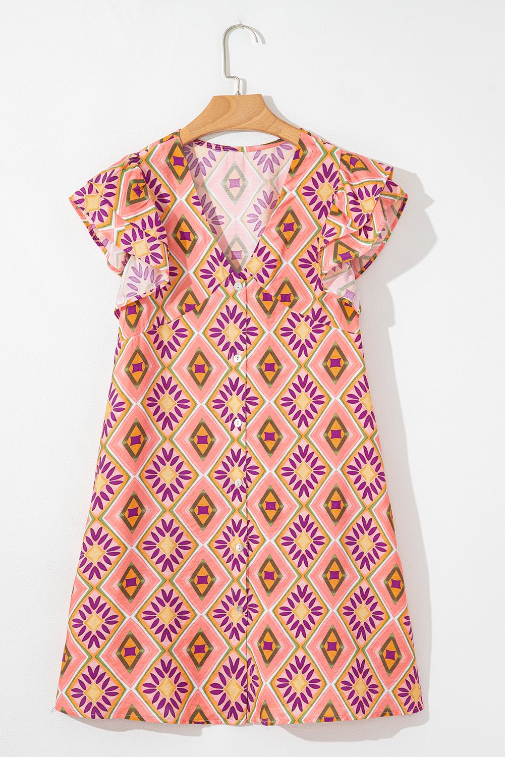 Geometric Floral V-Neck Button-Front Mini Dress - Rooted & Reckless Co.