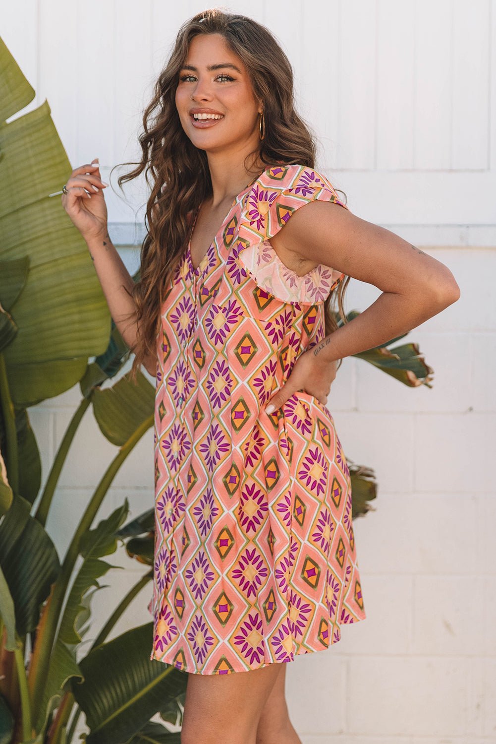 Geometric Floral V-Neck Button-Front Mini Dress - Rooted & Reckless Co.