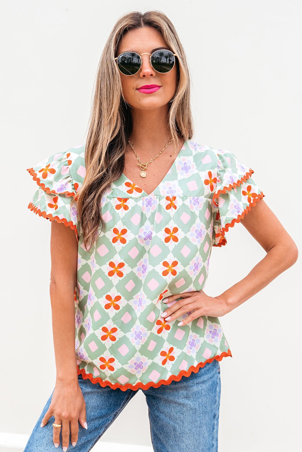 Geometric Floral V-Neck Layered Flutter Sleeve Blouse - Rooted & Reckless Co.