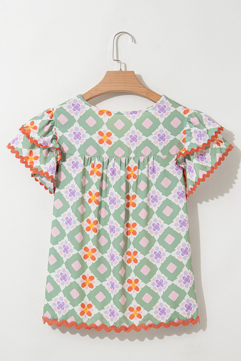 Geometric Floral V-Neck Layered Flutter Sleeve Blouse - Rooted & Reckless Co.