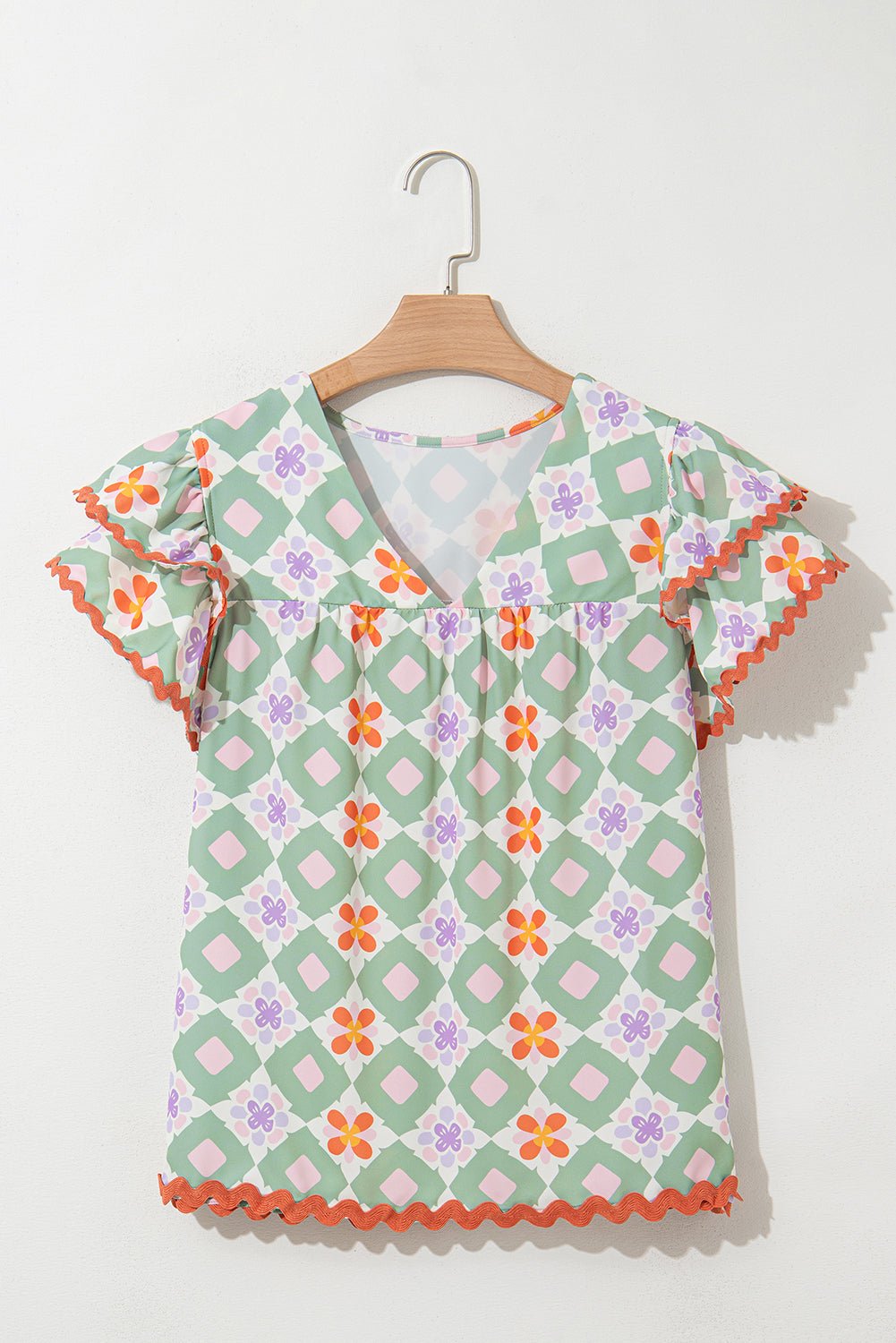 Geometric Floral V-Neck Layered Flutter Sleeve Blouse - Rooted & Reckless Co.