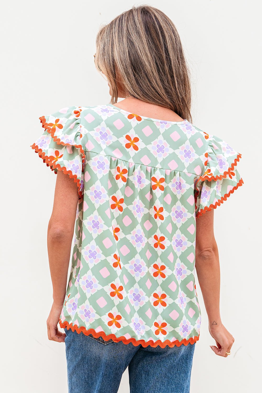 Geometric Floral V-Neck Layered Flutter Sleeve Blouse - Rooted & Reckless Co.