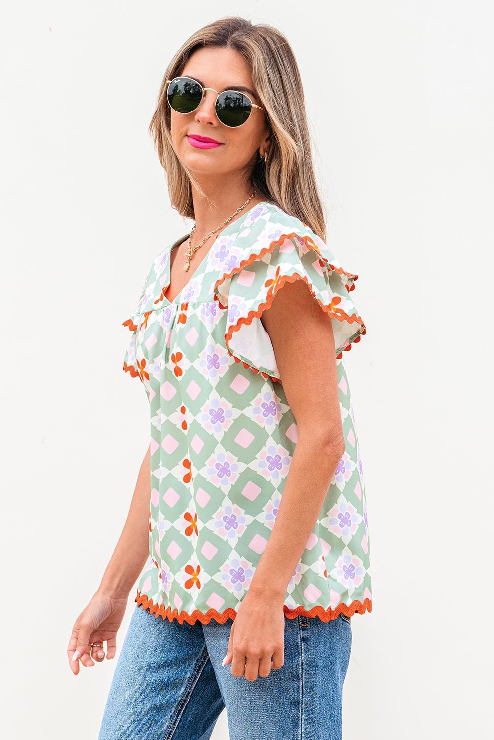 Geometric Floral V-Neck Layered Flutter Sleeve Blouse - Rooted & Reckless Co.