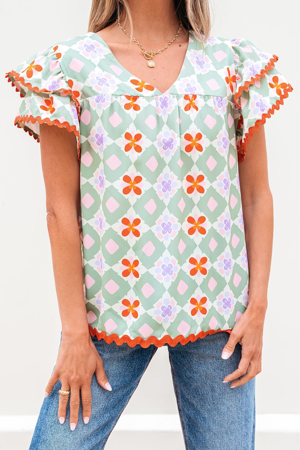 Geometric Floral V-Neck Layered Flutter Sleeve Blouse - Rooted & Reckless Co.