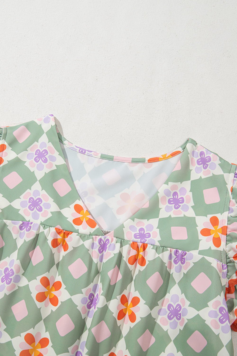 Geometric Floral V-Neck Layered Flutter Sleeve Blouse - Rooted & Reckless Co.