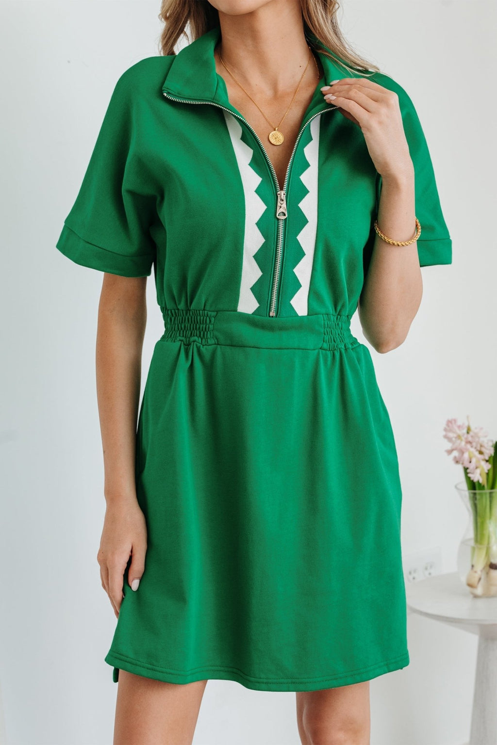 Geometric Patchwork Half-Zip Elastic Waist Dress - Rooted & Reckless Co.