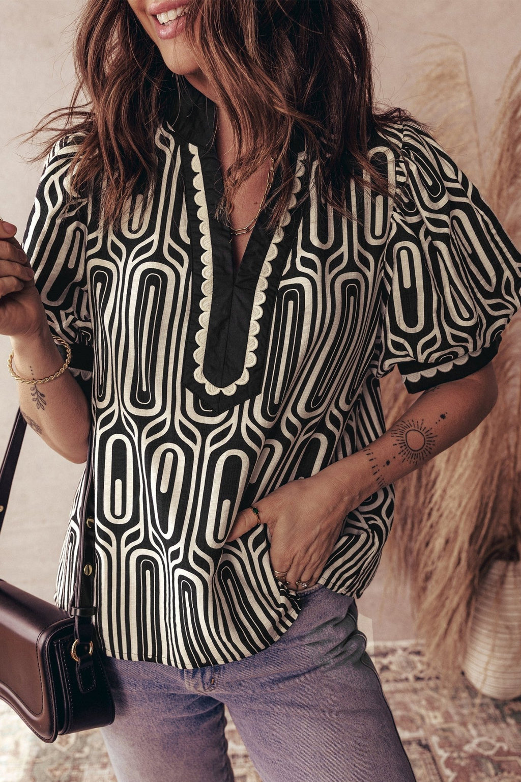 Geometric Scallop Trim Patchwork Puff Sleeve Blouse - Rooted & Reckless Co.